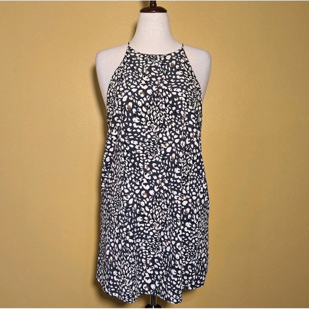 Tyche Halter Satin Slip Dress Animal Print Black White Tan Leopard Print Shift L